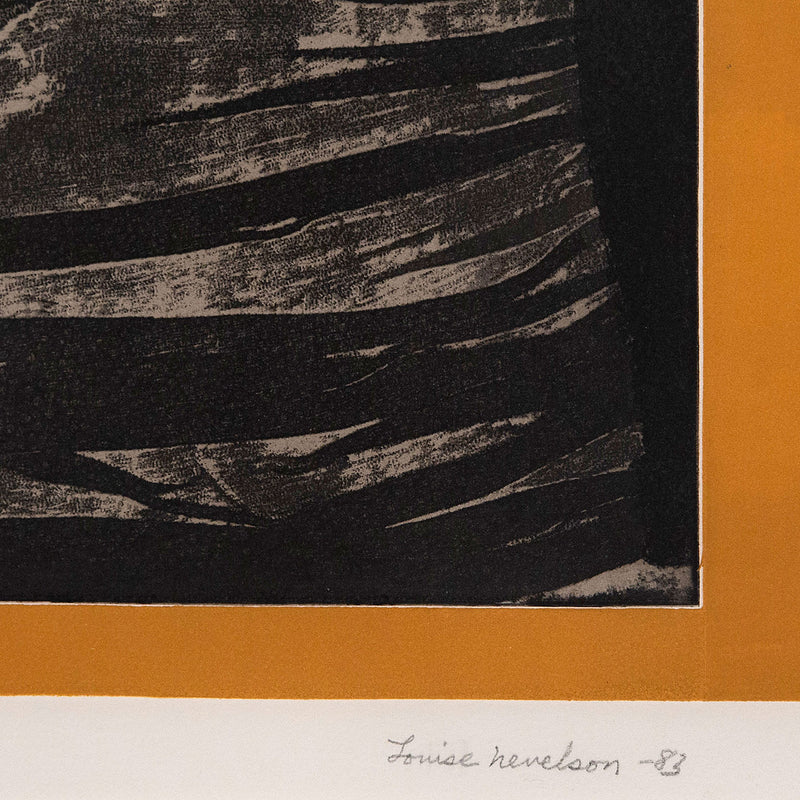 Detail image of 1980s etching by American artist Louise Nevelson including close up of the artist's signature.