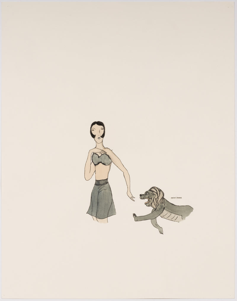 marcel dzama down boy drawing fashion beast portrait dog lion pet watercolor surrealist artwork canadian artist collect dzama work on paper framed 1999 highres high-res high resolution