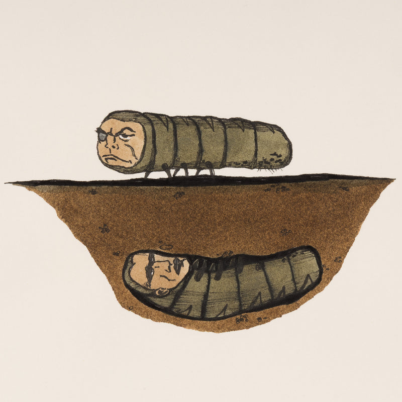 marcel dzama bug eyepatch watercolor watercolour work on paper canadian artist collect buy sell marcel dzama work on paper ink and gouache caterpillars long bugs green bugs eyepatch canadian art