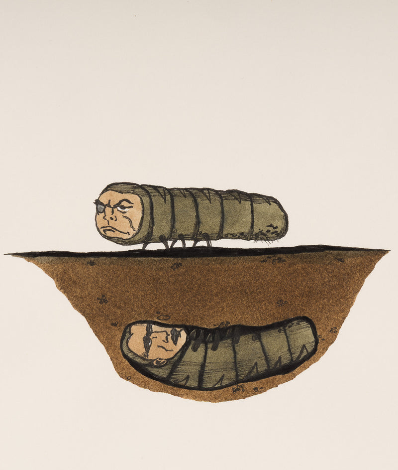 marcel dzama bug eyepatch watercolor watercolour work on paper canadian artist collect buy sell marcel dzama work on paper ink and gouache caterpillars long bugs green bugs eyepatch canadian art
