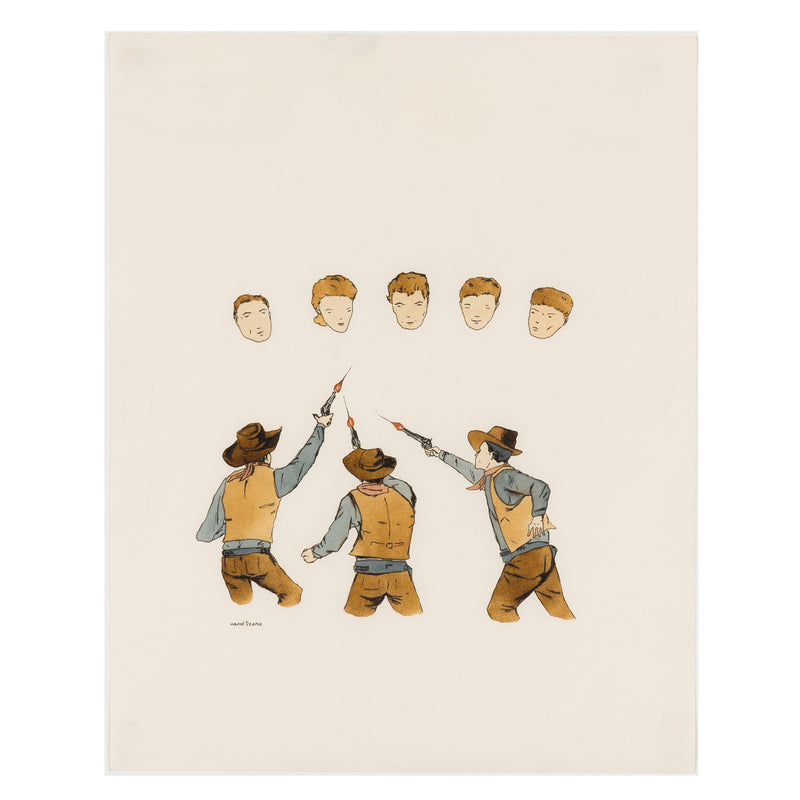 MARCEL DZAMA "COWBOY SHOOTERS" WATERCOLOR, 1999