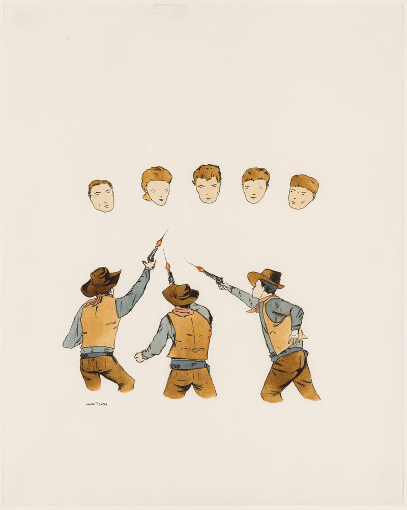 MARCEL DZAMA "COWBOY SHOOTERS" WATERCOLOR, 1999