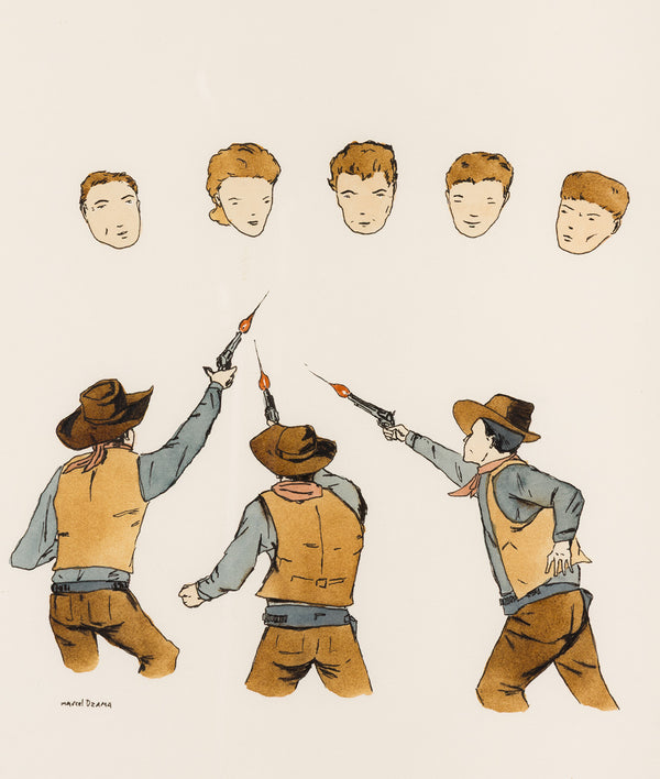 MARCEL DZAMA "COWBOY SHOOTERS" WATERCOLOR, 1999