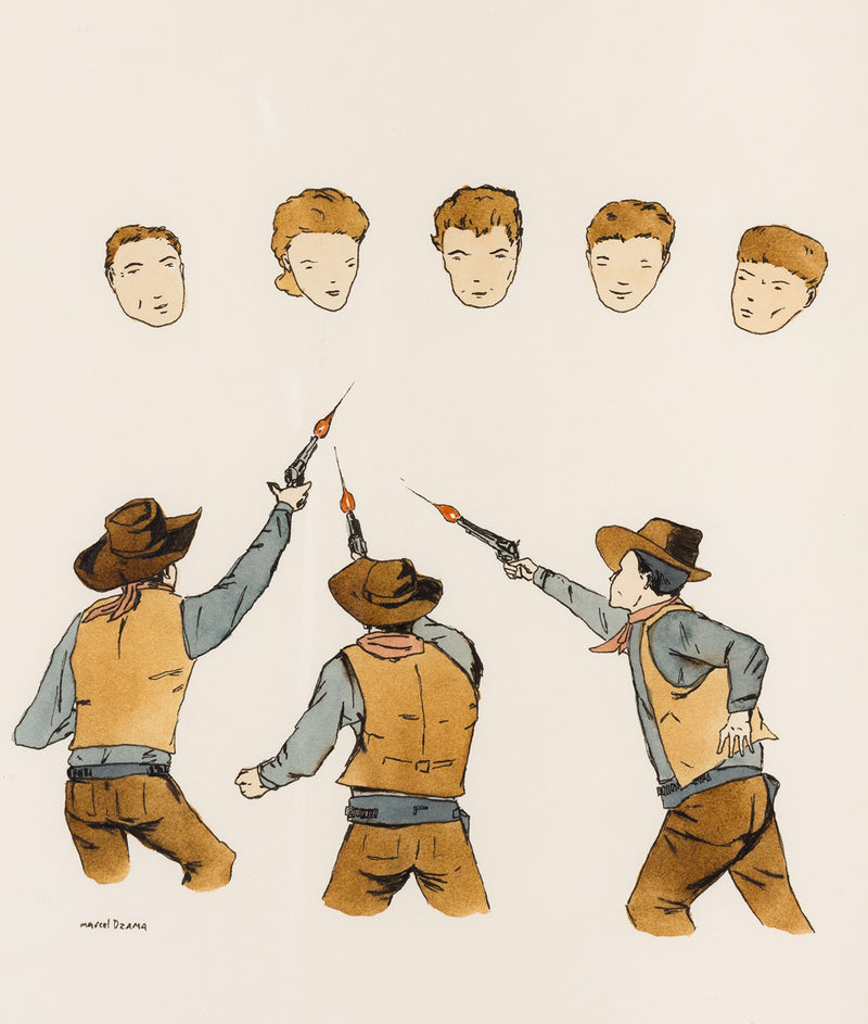 MARCEL DZAMA "COWBOY SHOOTERS" WATERCOLOR, 1999