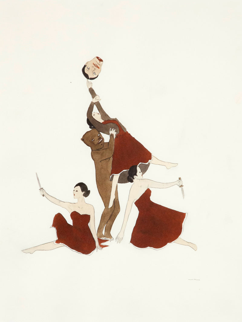 Marcel Dzama original drawing. Ink and watercolor, 2009.