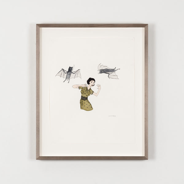 marcel dzama early work canadian artist woman and two bats olga kolper gallery caviar20 canadian art watercolor illustration hitchcock the birds framed