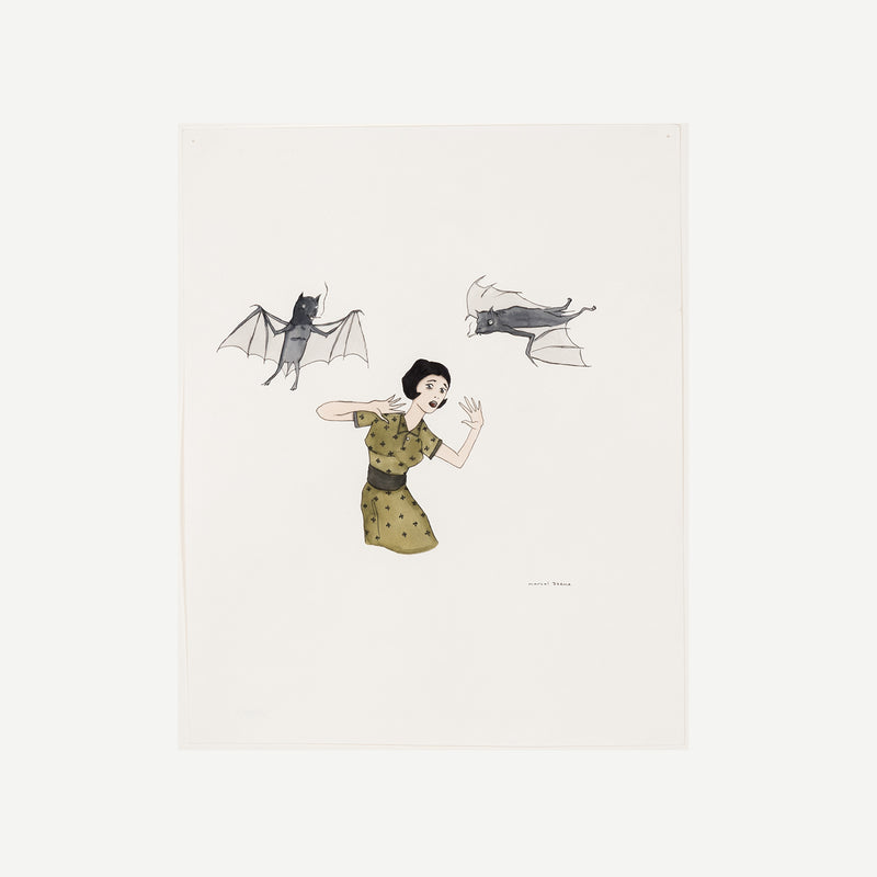 marcel dzama early work canadian artist woman and two bats olga kolper gallery caviar20 canadian art watercolor illustration hitchcock the birds 