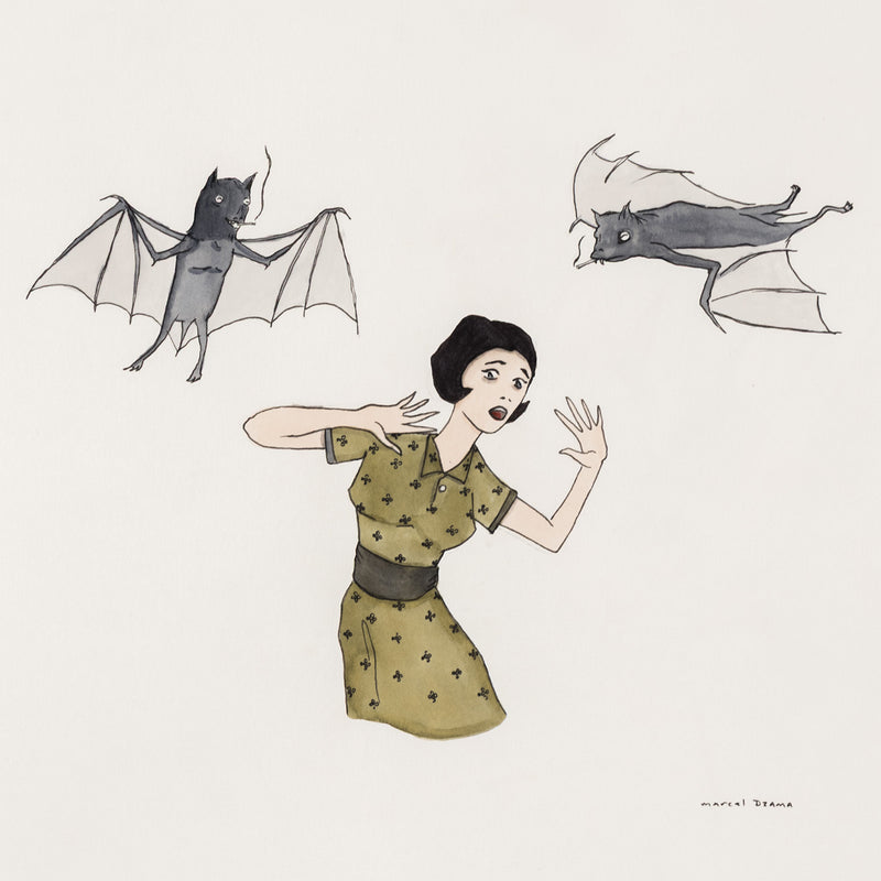 marcel dzama early work canadian artist woman and two bats olga kolper gallery caviar20 canadian art watercolor illustration hitchcock the birds 