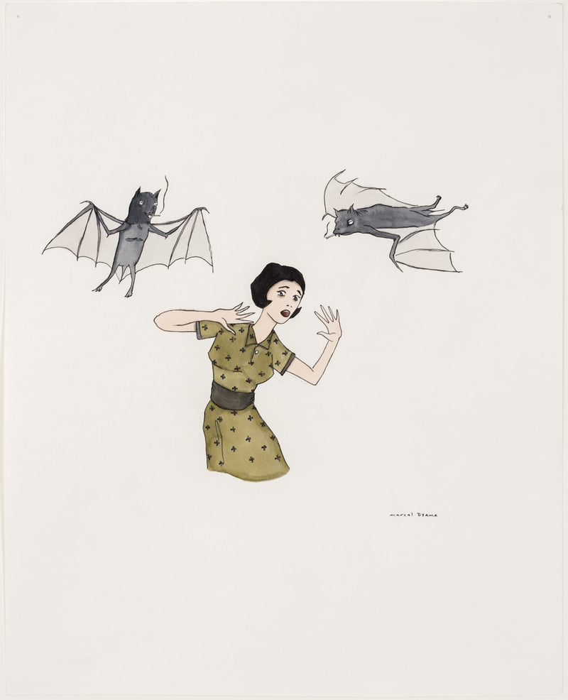 marcel dzama early work canadian artist woman and two bats olga kolper gallery caviar20 canadian art watercolor illustration hitchcock the birds 