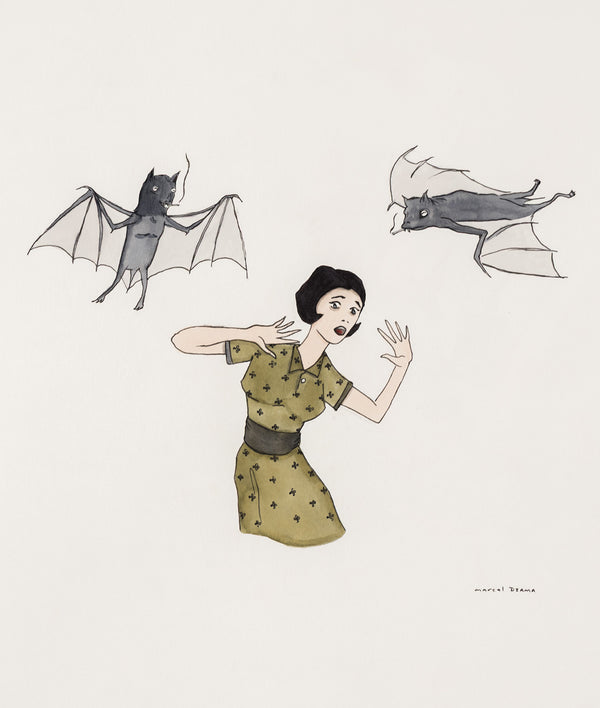 marcel dzama early work canadian artist woman and two bats olga kolper gallery caviar20 canadian art watercolor illustration hitchcock the birds 