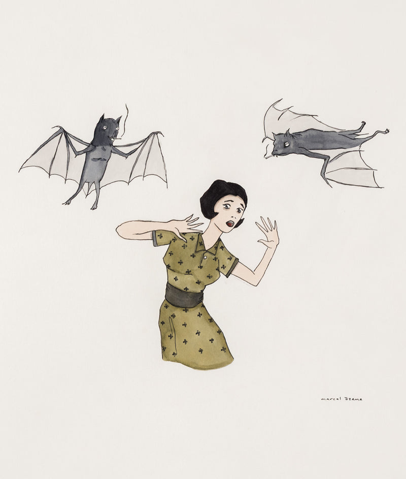 marcel dzama early work canadian artist woman and two bats olga kolper gallery caviar20 canadian art watercolor illustration hitchcock the birds 