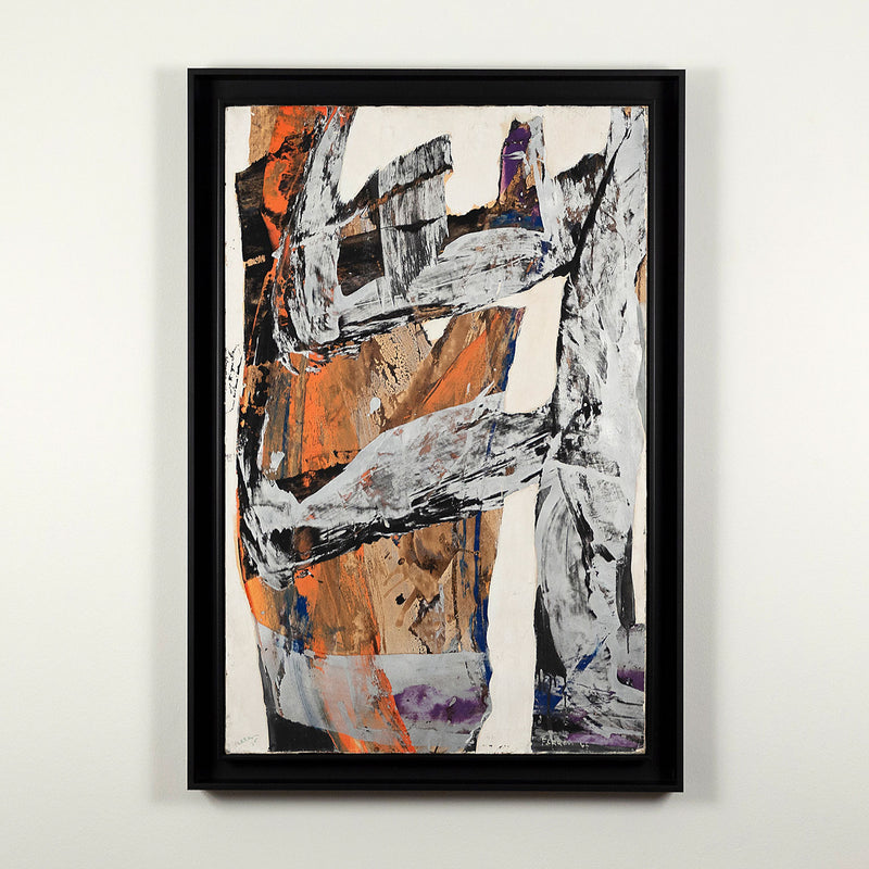 Marcel Ferron "Untitled" 1965. This untitled work serves as a striking example of Ferron's distinctive aesthetic and her European séjour. Shades of turmeric, slate, cork, smoke grey, navy and midnight black are applied in broad, angular strokes that seamlessly intertwine and overlap while maintaining the integrity of the tones without any blurring or alteration.