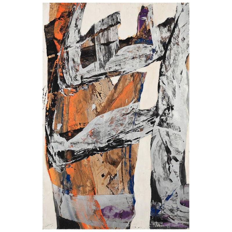 Marcel Ferron "Untitled" 1965. This untitled work serves as a striking example of Ferron's distinctive aesthetic and her European séjour. Shades of turmeric, slate, cork, smoke grey, navy and midnight black are applied in broad, angular strokes that seamlessly intertwine and overlap while maintaining the integrity of the tones without any blurring or alteration.