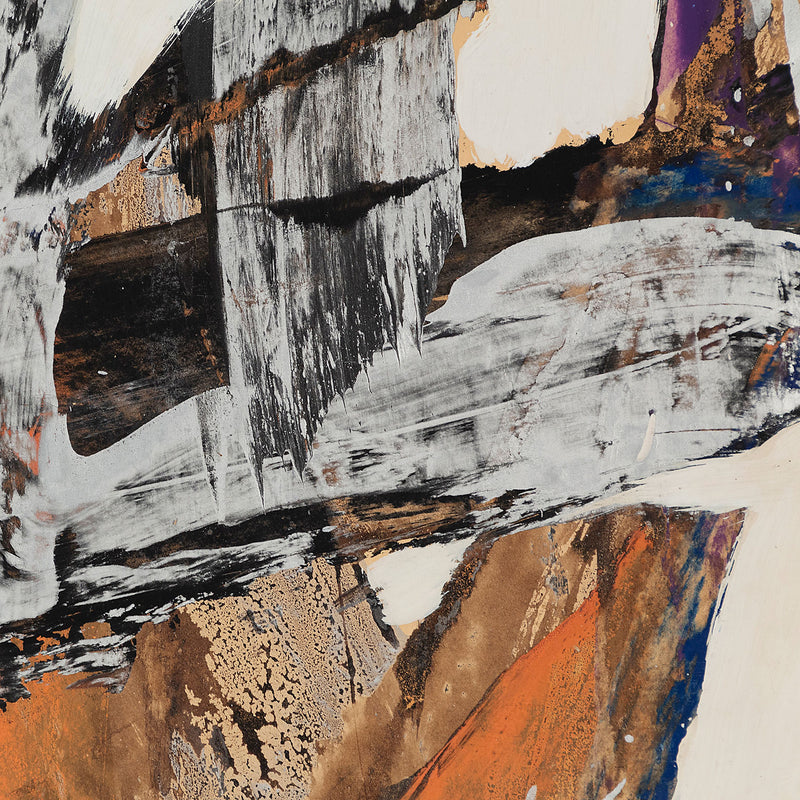 Marcel Ferron "Untitled" 1965. This untitled work serves as a striking example of Ferron's distinctive aesthetic and her European séjour. Shades of turmeric, slate, cork, smoke grey, navy and midnight black are applied in broad, angular strokes that seamlessly intertwine and overlap while maintaining the integrity of the tones without any blurring or alteration.