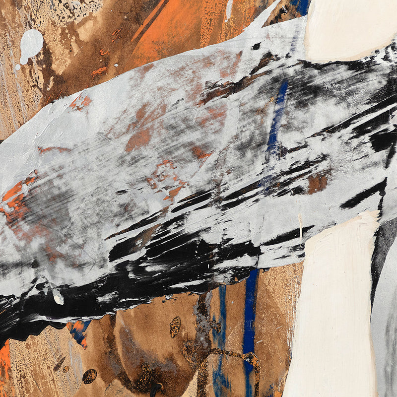 Marcel Ferron "Untitled" 1965. This untitled work serves as a striking example of Ferron's distinctive aesthetic and her European séjour. Shades of turmeric, slate, cork, smoke grey, navy and midnight black are applied in broad, angular strokes that seamlessly intertwine and overlap while maintaining the integrity of the tones without any blurring or alteration.