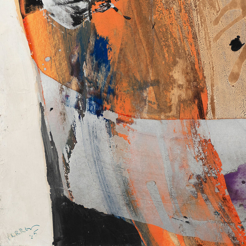 Marcel Ferron "Untitled" 1965. This untitled work serves as a striking example of Ferron's distinctive aesthetic and her European séjour. Shades of turmeric, slate, cork, smoke grey, navy and midnight black are applied in broad, angular strokes that seamlessly intertwine and overlap while maintaining the integrity of the tones without any blurring or alteration.