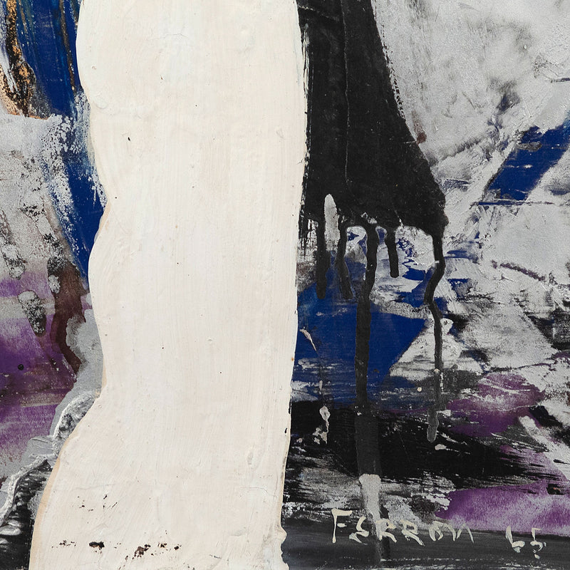 Marcel Ferron "Untitled" 1965. This untitled work serves as a striking example of Ferron's distinctive aesthetic and her European séjour. Shades of turmeric, slate, cork, smoke grey, navy and midnight black are applied in broad, angular strokes that seamlessly intertwine and overlap while maintaining the integrity of the tones without any blurring or alteration.