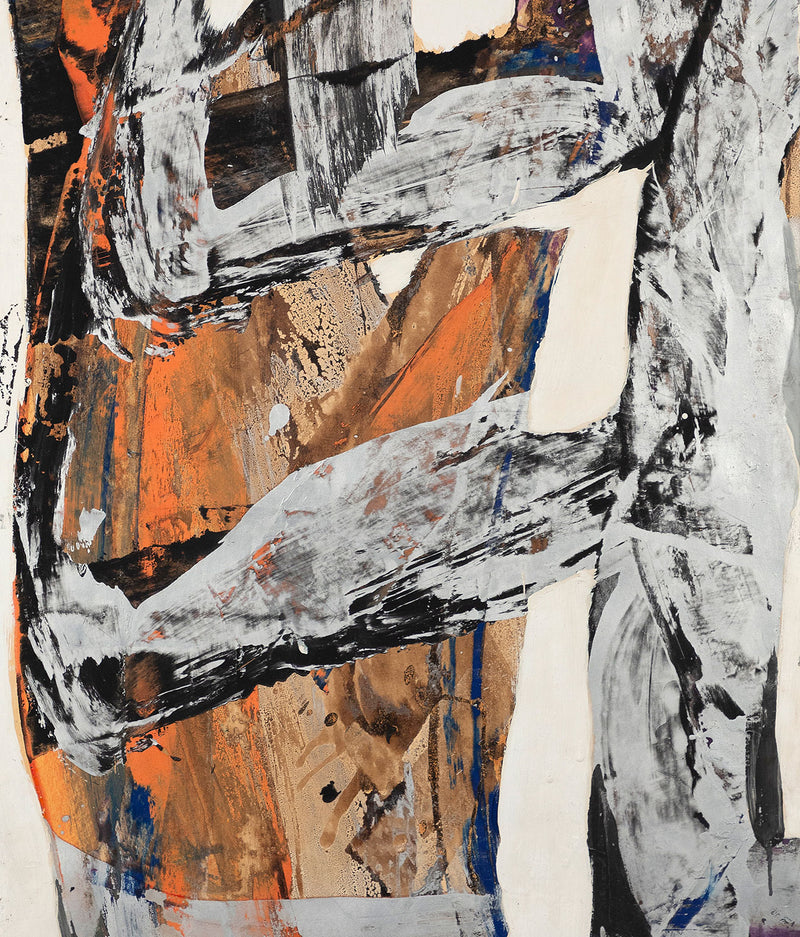 Marcel Ferron "Untitled" 1965. This untitled work serves as a striking example of Ferron's distinctive aesthetic and her European séjour. Shades of turmeric, slate, cork, smoke grey, navy and midnight black are applied in broad, angular strokes that seamlessly intertwine and overlap while maintaining the integrity of the tones without any blurring or alteration.
