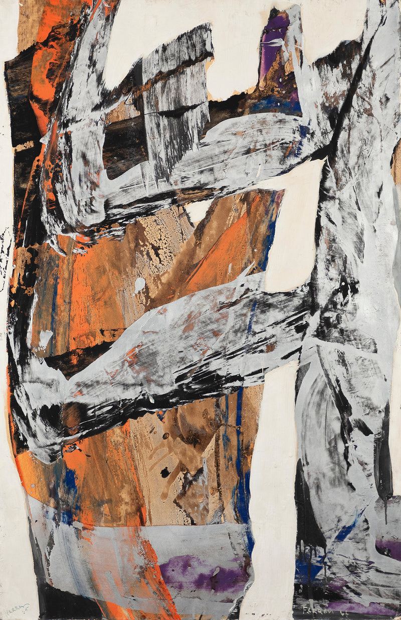 Marcel Ferron "Untitled" 1965. This untitled work serves as a striking example of Ferron's distinctive aesthetic and her European séjour. Shades of turmeric, slate, cork, smoke grey, navy and midnight black are applied in broad, angular strokes that seamlessly intertwine and overlap while maintaining the integrity of the tones without any blurring or alteration.
