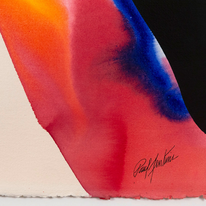 Signed artwork by famous American abstract artist, Paul Jenkins. Bright bold colors on wove paper with deckled edges.