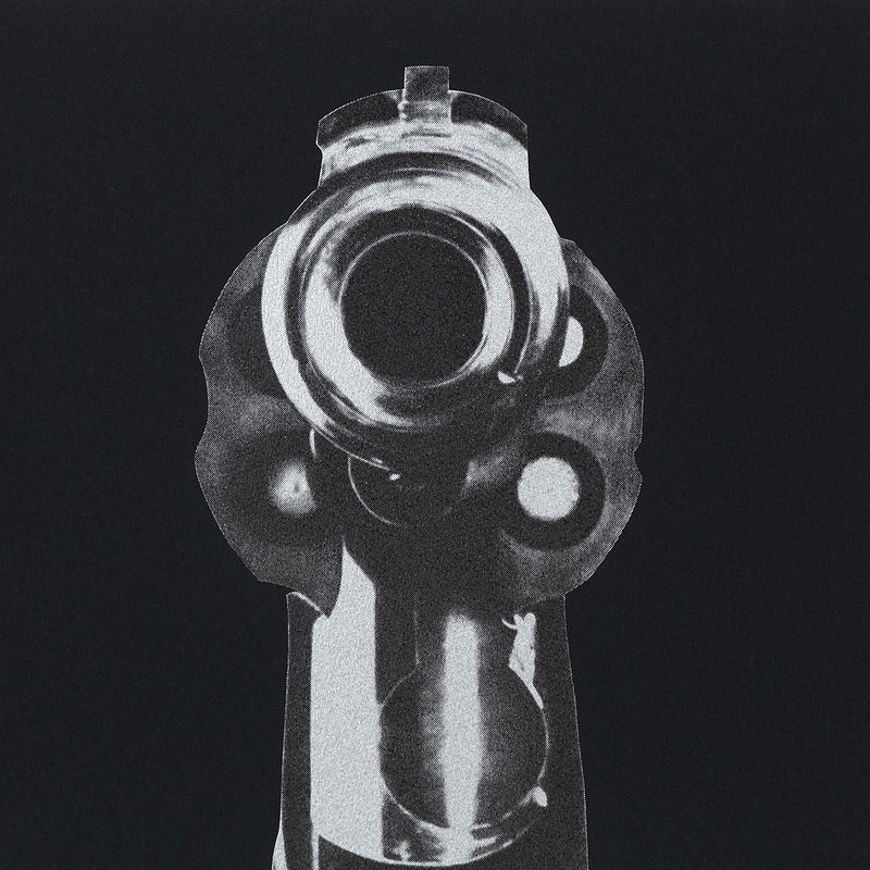 Robert Longo "Gun" Screenprint, 1994. Black and white screenprint that features a gun with innate hostility, directing the barrels at the viewer from point-blank range.