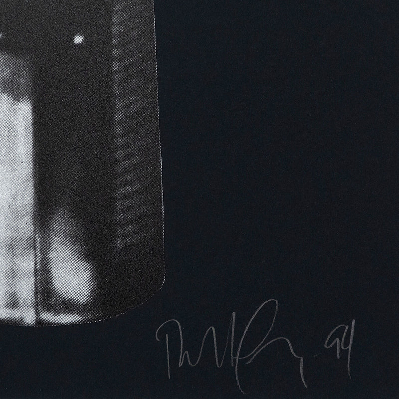 Robert Longo "Gun" Screenprint, 1994. Detail image featuring close up of the artist's signature and date.