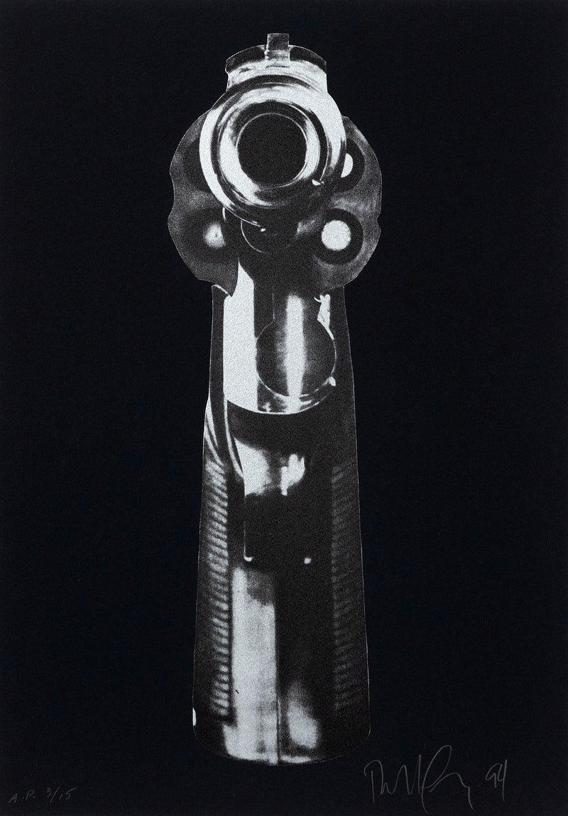Robert Longo "Gun" Screenprint, 1994. Black and white screenprint that features a gun with innate hostility, directing the barrels at the viewer from point-blank range.