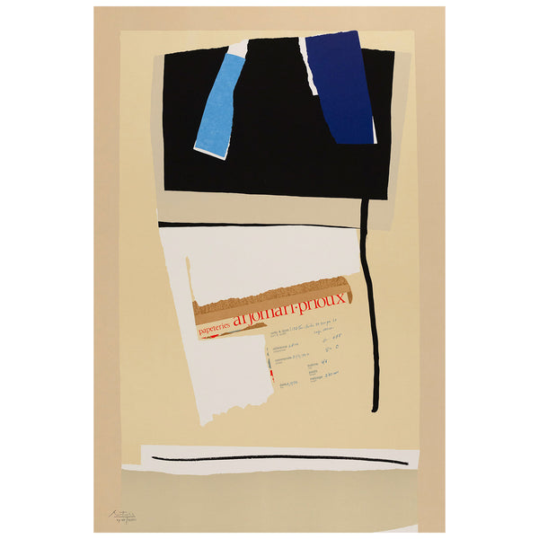 Robert Motherwell "America-La France Variations IX" USA, 1984. Lithograph and collage White Arches Cover paper; blue Tyler Graphics Ltd. (TGL) handmade paper with multicolored fibers. Signed "Motherwell", lower left.
