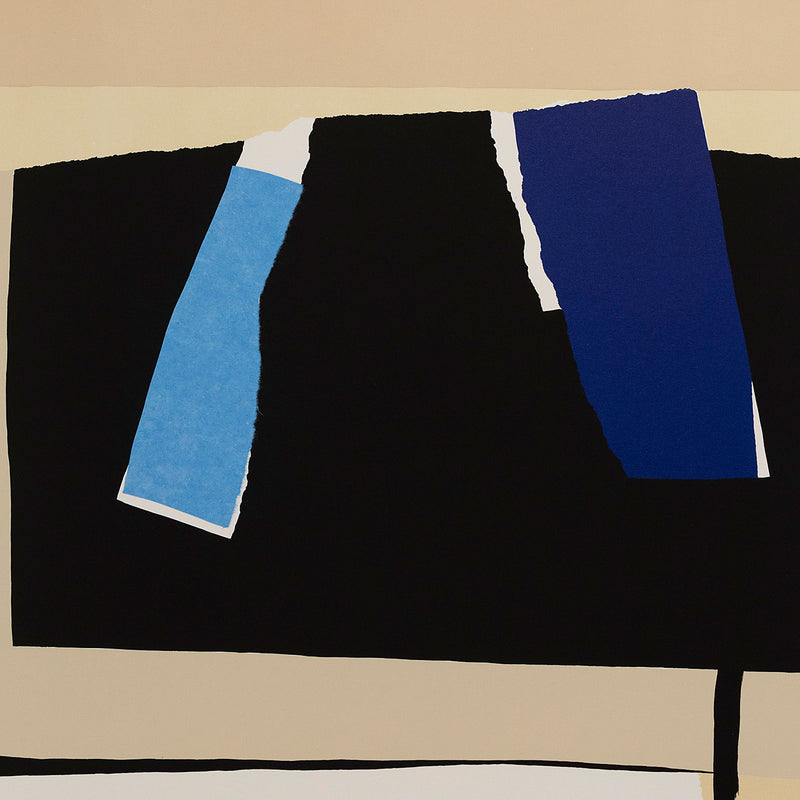 Robert Motherwell "America-La France Variations IX" USA, 1984. Lithograph and collage White Arches Cover paper; blue Tyler Graphics Ltd. (TGL) handmade paper with multicolored fibers. Signed "Motherwell", lower left.