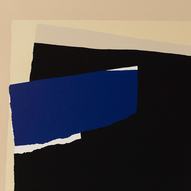 Robert Motherwell "America-La France Variations IX" USA, 1984. Lithograph and collage White Arches Cover paper; blue Tyler Graphics Ltd. (TGL) handmade paper with multicolored fibers. Signed "Motherwell", lower left.