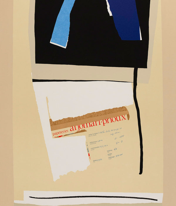 Robert Motherwell "America-La France Variations IX" USA, 1984. Lithograph and collage  White Arches Cover paper; blue Tyler Graphics Ltd. (TGL) handmade paper with multicolored fibers.  Signed "Motherwell", lower left.