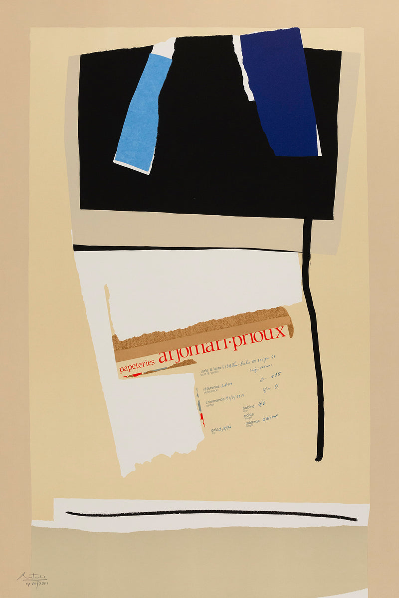 Robert Motherwell "America-La France Variations IX" USA, 1984. Lithograph and collage White Arches Cover paper; blue Tyler Graphics Ltd. (TGL) handmade paper with multicolored fibers. Signed "Motherwell", lower left.