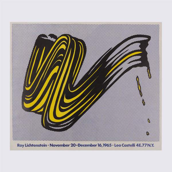 A Roy Lichtenstein exhibition poster with abstract artwork with black and yellow wavy lines on a blue background.