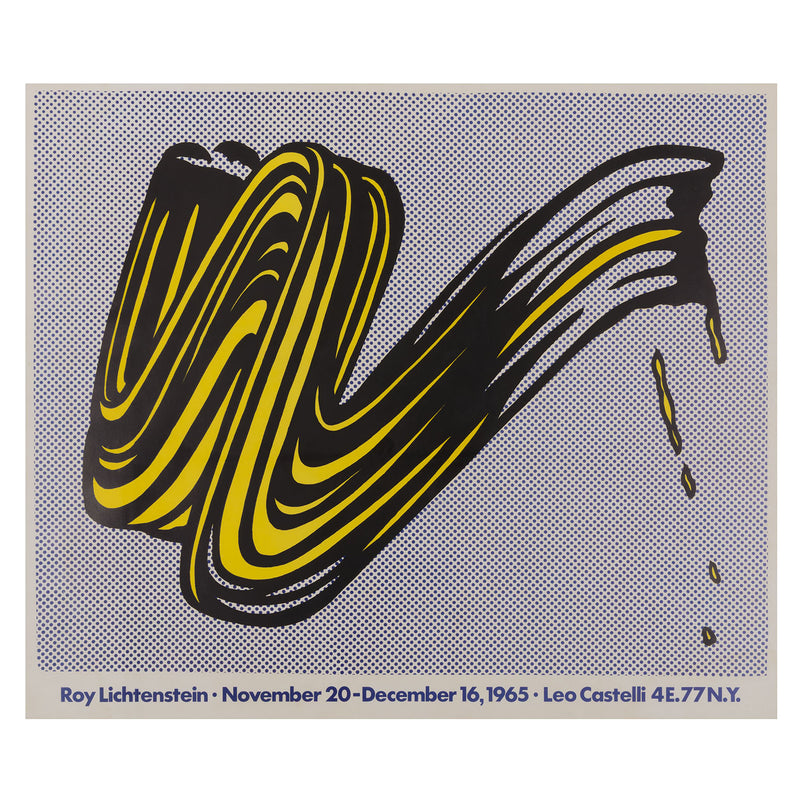 Abstract artwork with black and yellow wavy lines on a blue dot background, featuring Lichtenstein's signature style.