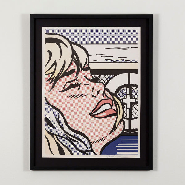 Roy Lichtenstein "Shipboard Girl" 1965. Offset lithograph printed in color. Framed by a close crop, the woman's face fills the page, her eyes shut and brows slightly furrowed as she throws her head back. While details of the ship deck, lifebuoy, and horizon begin to explain the events, they do not offer enough context to address the tension that permeates the scene.