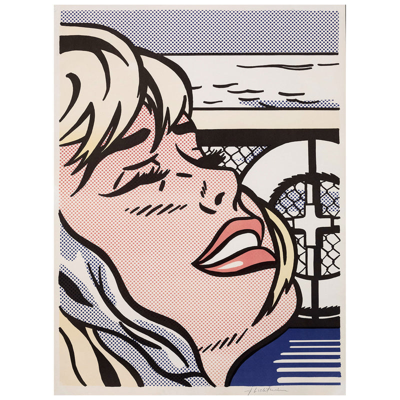 Roy Lichtenstein "Shipboard Girl" 1965. Offset lithograph printed in color. Framed by a close crop, the woman's face fills the page, her eyes shut and brows slightly furrowed as she throws her head back. While details of the ship deck, lifebuoy, and horizon begin to explain the events, they do not offer enough context to address the tension that permeates the scene.