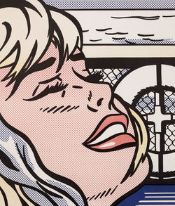 Roy Lichtenstein "Shipboard Girl" 1965. Offset lithograph printed in color. Framed by a close crop, the woman's face fills the page, her eyes shut and brows slightly furrowed as she throws her head back. While details of the ship deck, lifebuoy, and horizon begin to explain the events, they do not offer enough context to address the tension that permeates the scene. 