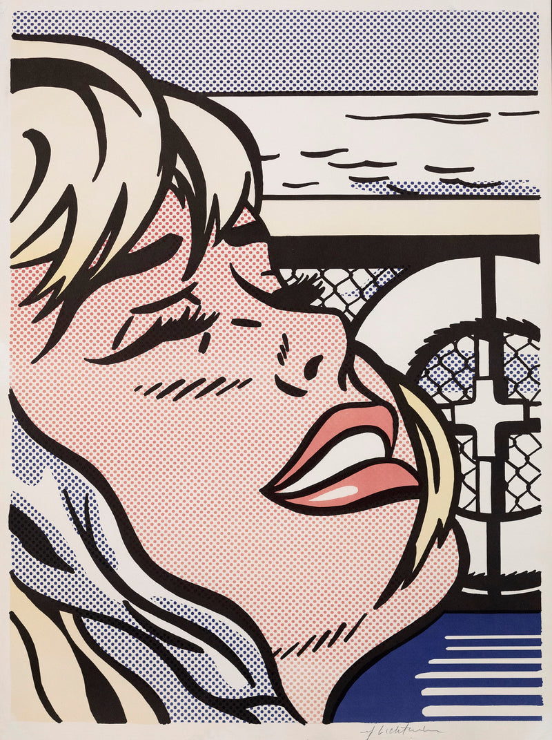 Roy Lichtenstein "Shipboard Girl" 1965. Offset lithograph printed in color. Framed by a close crop, the woman's face fills the page, her eyes shut and brows slightly furrowed as she throws her head back. While details of the ship deck, lifebuoy, and horizon begin to explain the events, they do not offer enough context to address the tension that permeates the scene.