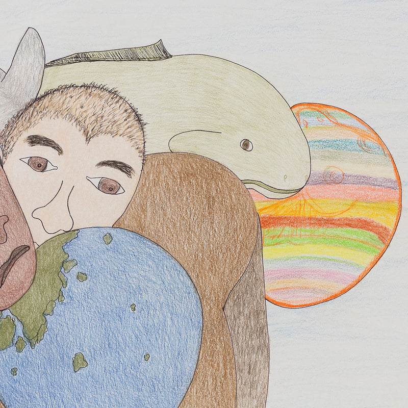 Shuvinai Ashoona untitled colored pencil drawing, 2016. Art work features human figures, animals, and surrealistic planets. Original indigenous art available in Toronto. 