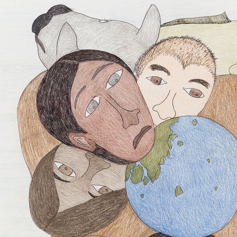 Shuvinai Ashoona untitled colored pencil drawing, 2016. Art work features human figures, animals, and surrealistic planets. Original indigenous art available in Toronto 