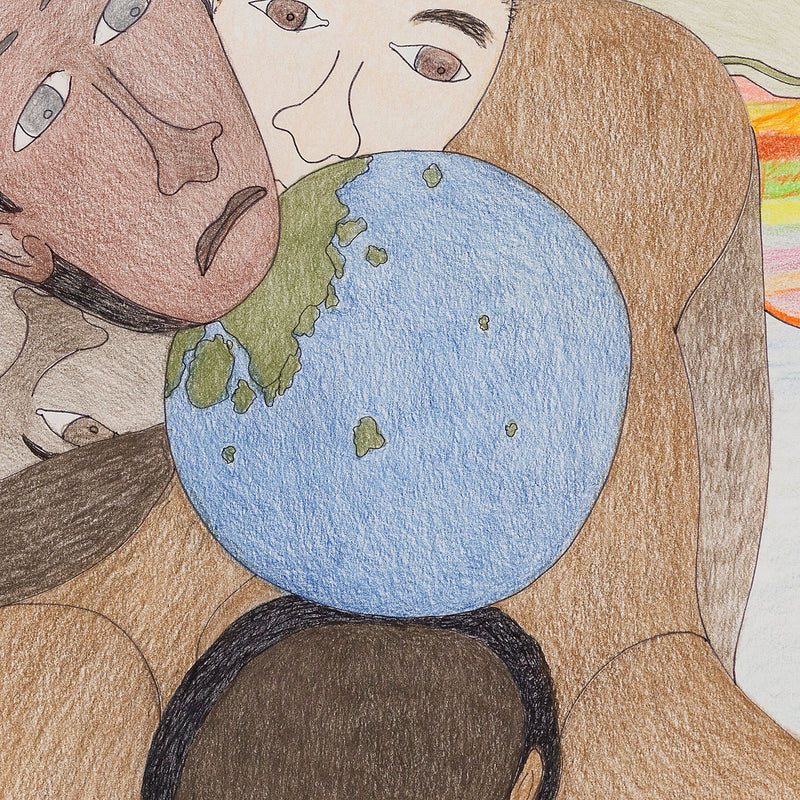 Shuvinai Ashoona untitled colored pencil drawing, 2016. A diminutive globe sits in the centre of this piece. The globe is a recurring motif for the artist who uses it to emphasize our connection to the land. Original indigenous art available in Toronto 