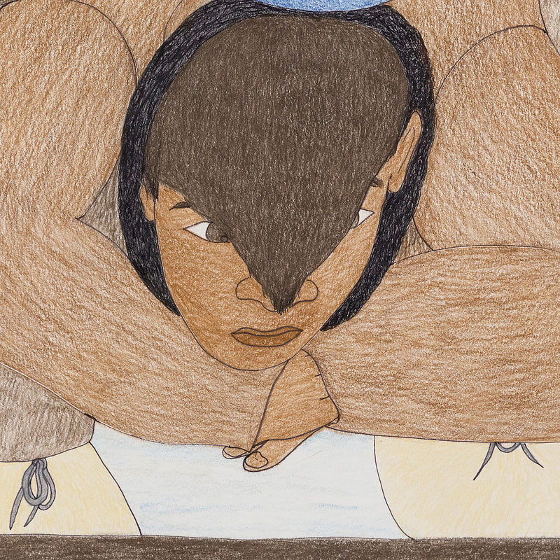 Shuvinai Ashoona untitled colored pencil drawing, 2016. Art work features human figures, animals, and surrealistic planets. Original indigenous art available in Toronto.