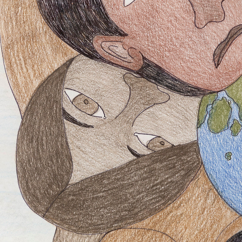 Shuvinai Ashoona untitled colored pencil drawing, 2016. Art work features human figures, animals, and surrealistic planets. Original indigenous art available in Toronto.
