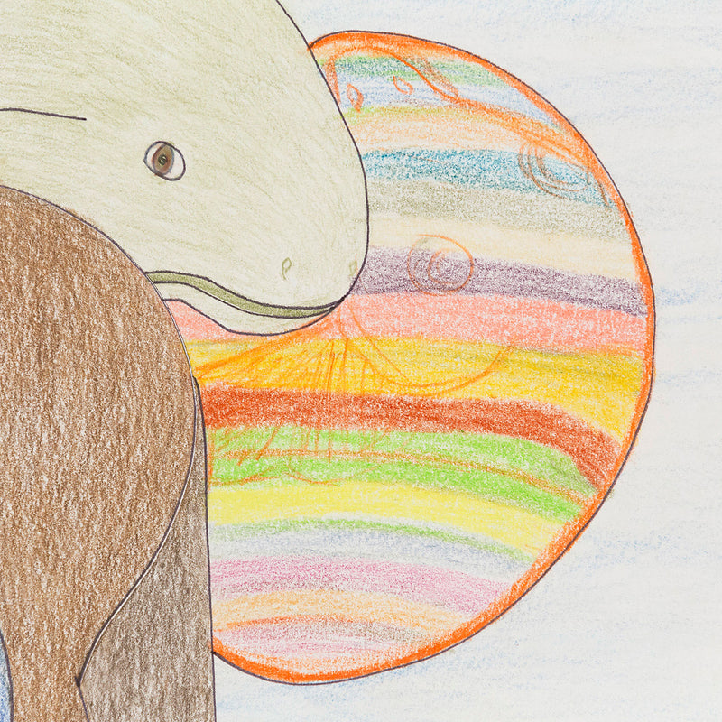 Shuvinai Ashoona untitled colored pencil drawing, 2016. Ashoona renders a rainbow-imprinted planet that smiles back at the viewer with a grin. Imagination and mysticism is a significant cornerstone of the artist's subject matter. Original indigenous art available in Toronto.