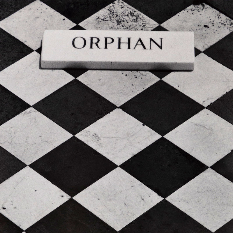 Sophie Callie "Orphan" Gelatin silver print, 1994. "Orphan" is a poignant example of the artist's inquiry into death, loss, and departure. The photograph features a close crop of a black and white checkered tombstone with an inscription plaque that reads, 'Orphan.'     