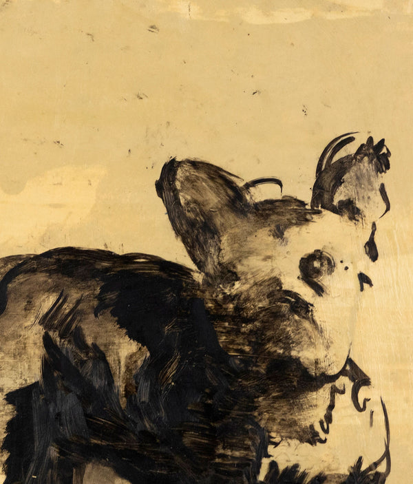 Tony Scherman "Untitled (Dog)" Encaustic on paper, 1989. A charming and lighthearted painting of a french bull dog.