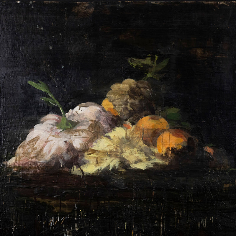 Tony Scherman "Milan Still Life" Painting, 1994. Moody still life painting featuring well lit fruit and flowers against a dark backgrop.