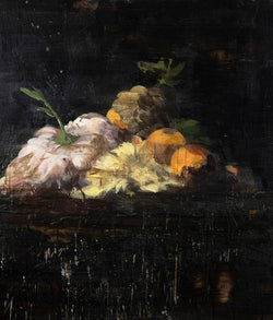 Tony Scherman "Milan Still Life" Painting, 1994. Moody still life painting featuring well lit fruit and flowers against a dark backgrop.