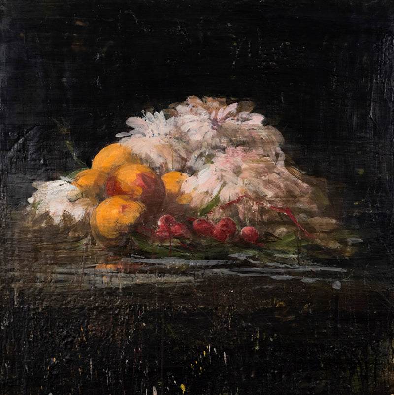 Tony Scherman "Milan Still Life" Painting, 1994. Moody still life painting featuring well lit fruit and flowers against a dark backgrop.