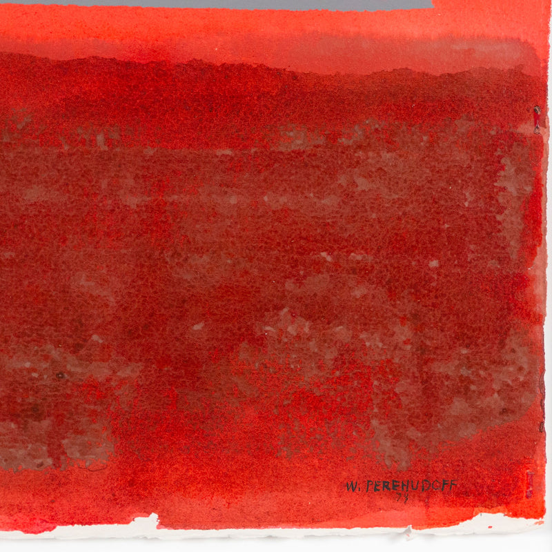 William Perehudoff, "Color Field Study in Red" (aka "Red Dawn")  Gouache on paper  Signed and dated 79 by the artist, bottom right  22.5"H 30"W (work)  25.75"H 33.25"W (framed)  Very good condition  Provenance: The Collection of Theo Waddington (London, UK), Fine Art Gallery Resale Gallery Caviar20 Toronto